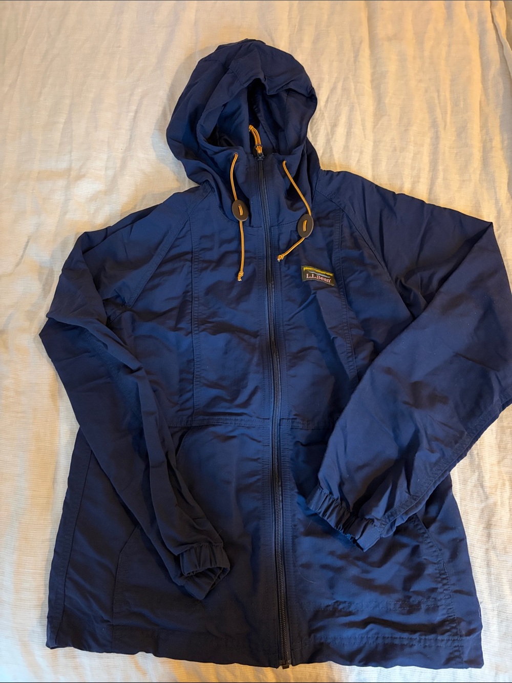 L.L. Bean Navy Hooded Windbreaker with Yellow Drawcords